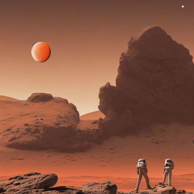 Astronauts observing basketball on Mars-like surface