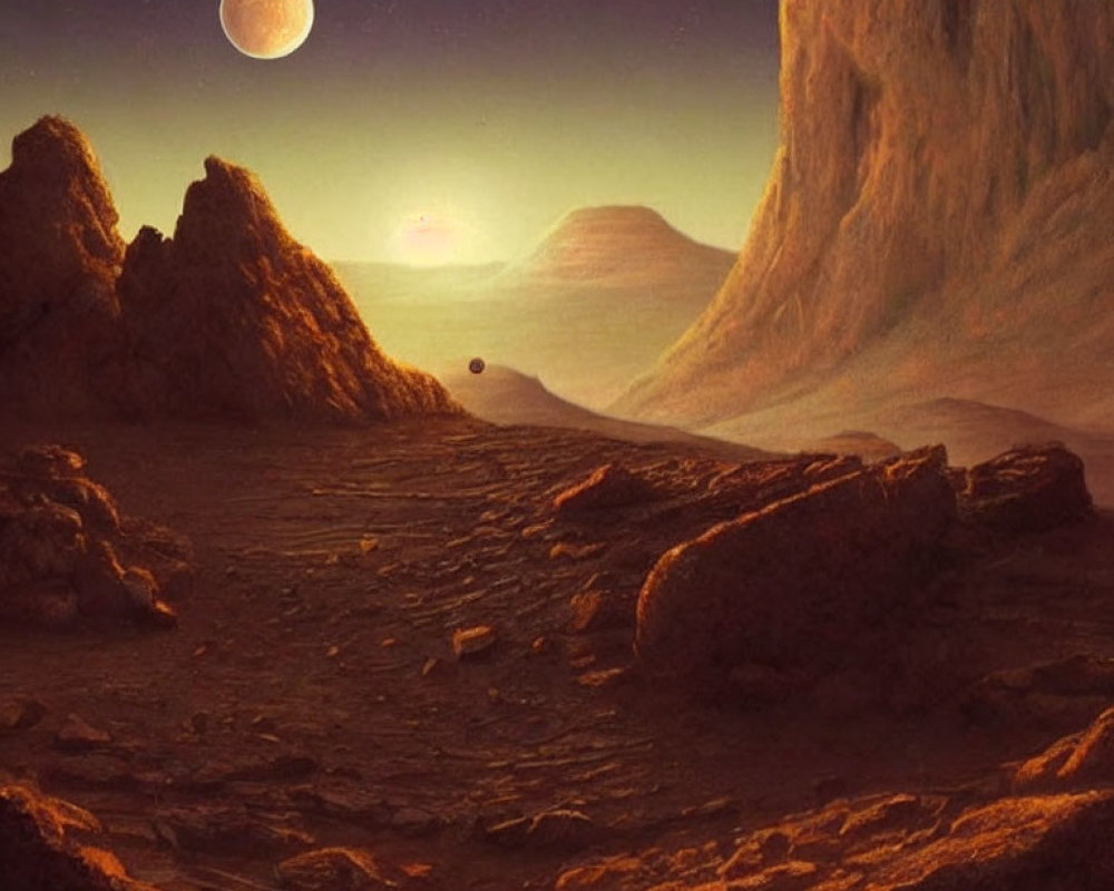 Barren rocky landscape with towering cliffs, setting sun, two moons on alien planet