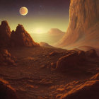 Barren rocky landscape with towering cliffs, setting sun, two moons on alien planet