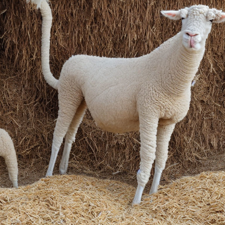 White Sheep with Thick Curly Fleece Standing by Hay Bales