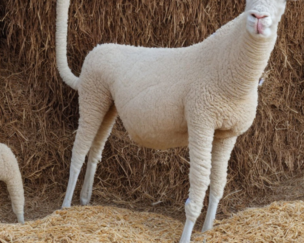 White Sheep with Thick Curly Fleece Standing by Hay Bales