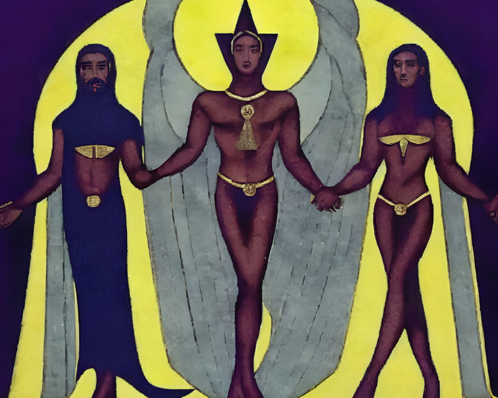 Three Angelic Figures with Wings on Purple Background