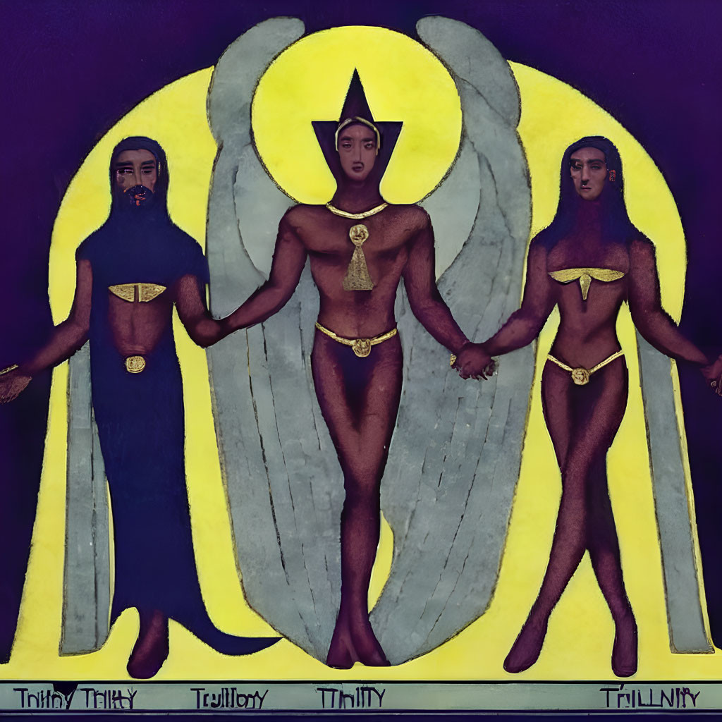 Three Angelic Figures with Wings on Purple Background