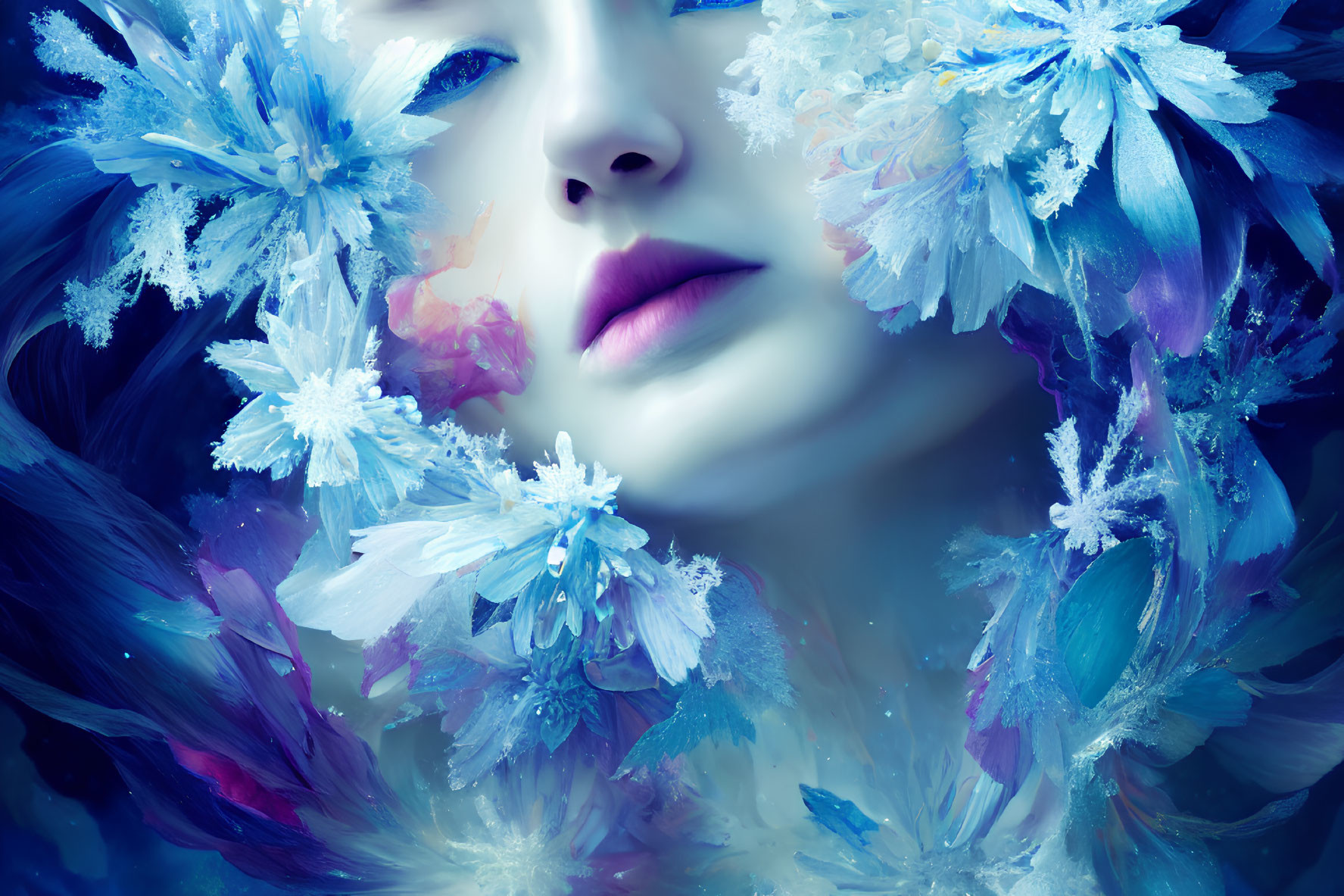 Surreal portrait with icy blue flowers and feathers blending into skin