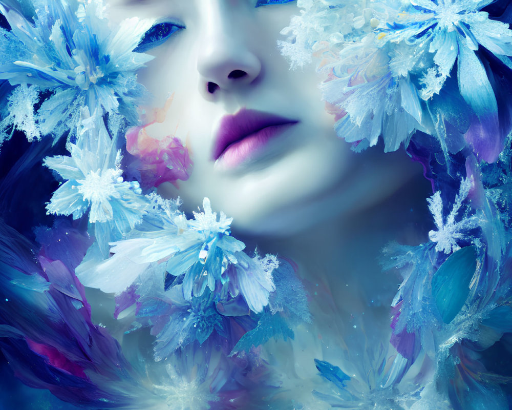 Surreal portrait with icy blue flowers and feathers blending into skin