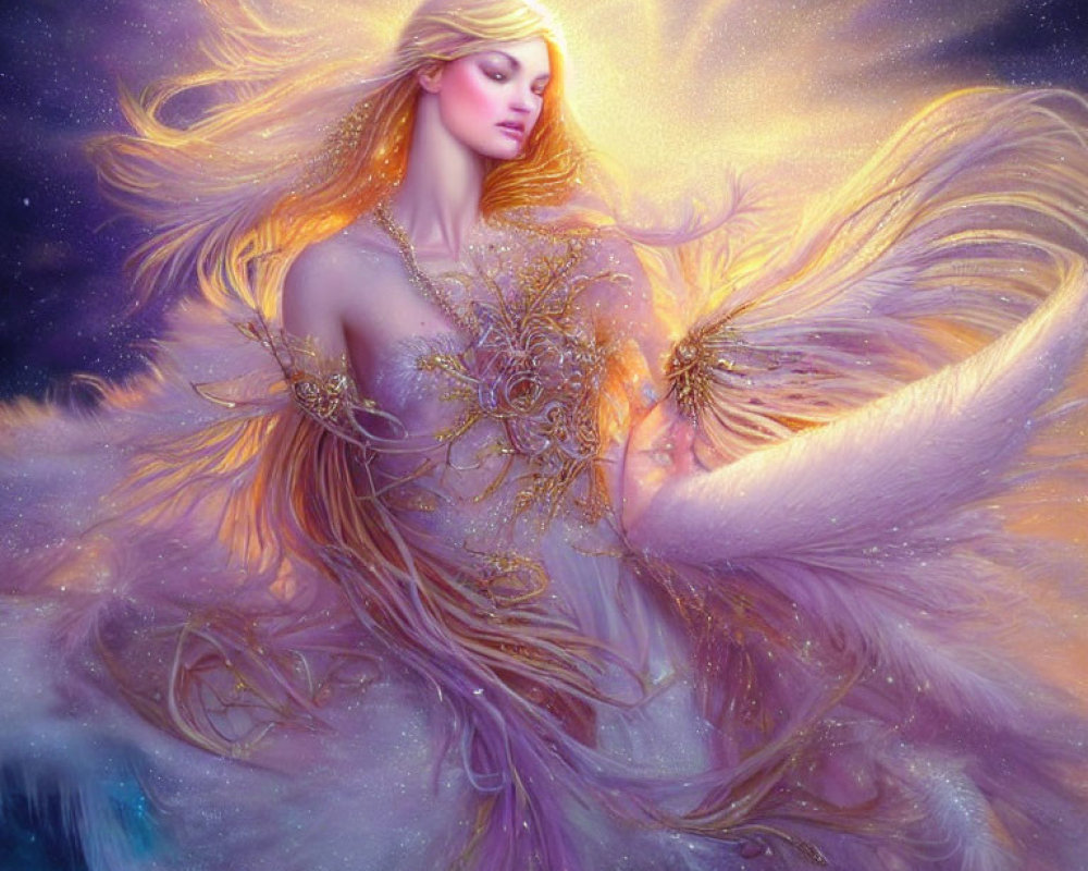 Fantasy artwork of a woman with golden hair, wings, and celestial backdrop