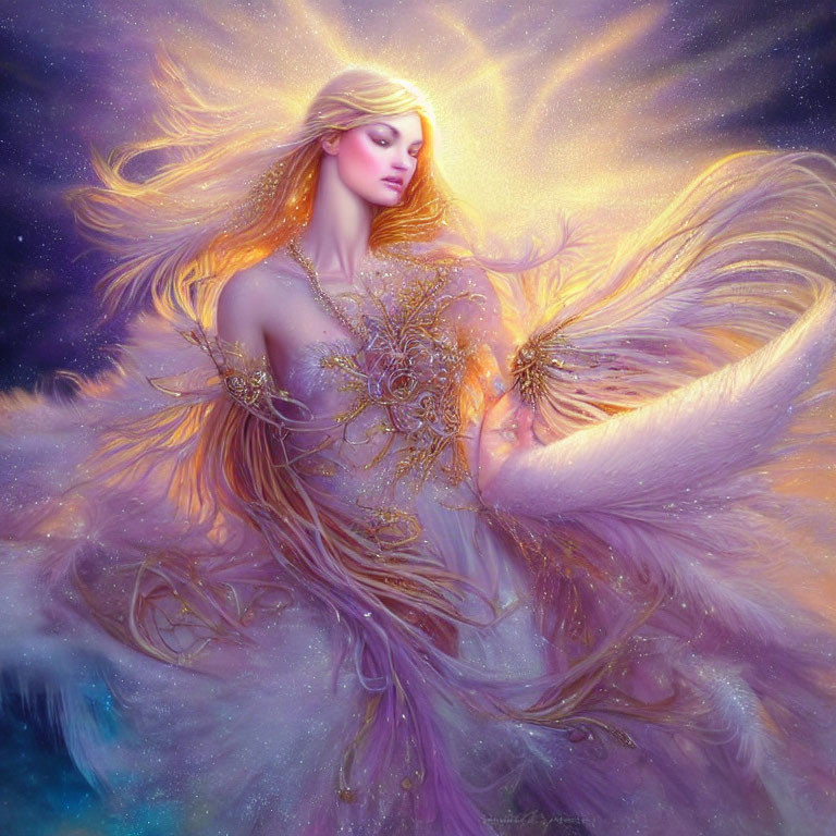 Fantasy artwork of a woman with golden hair, wings, and celestial backdrop