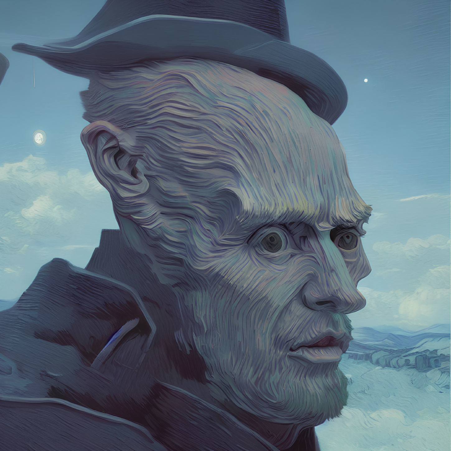 Exaggerated facial lines on man in top hat against blue landscape