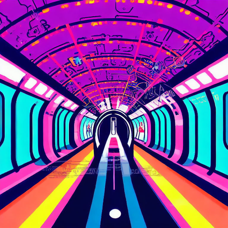 Colorful futuristic tunnel with neon lights and patterns.