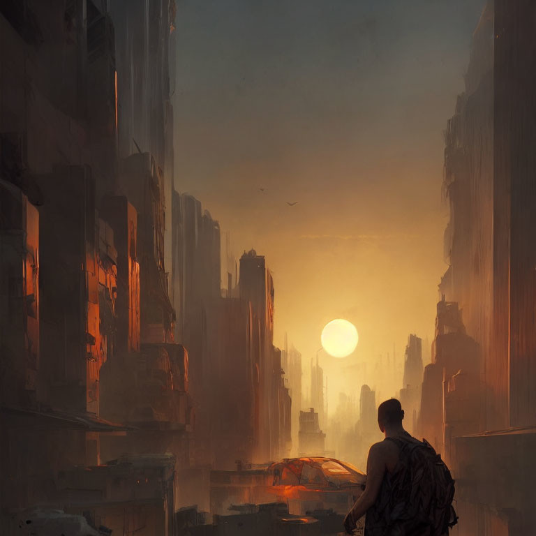 Person with backpack gazes at post-apocalyptic cityscape with ruins and bird in hazy sky