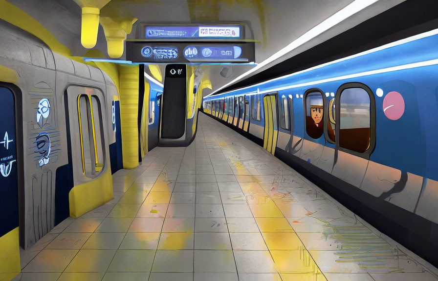 Futuristic subway station with sleek trains and digital signs