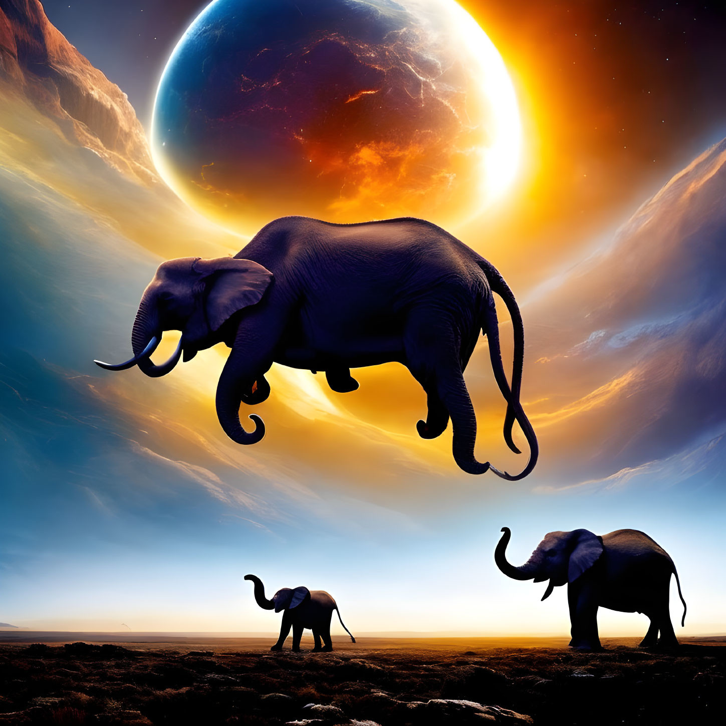 Floating elephant against surreal backdrop with oversized celestial bodies