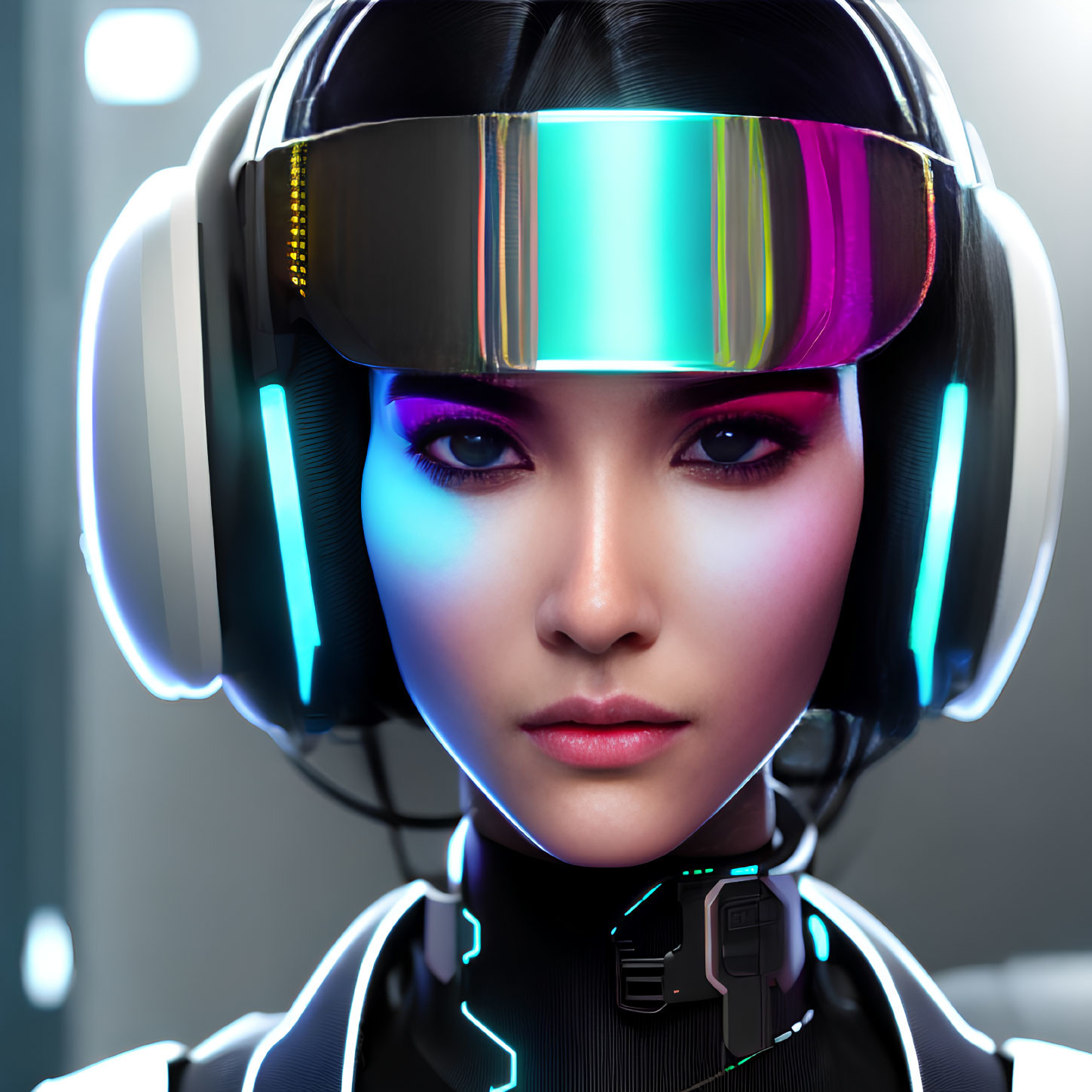 Futuristic female with purple eyes in tech-enhanced helmet