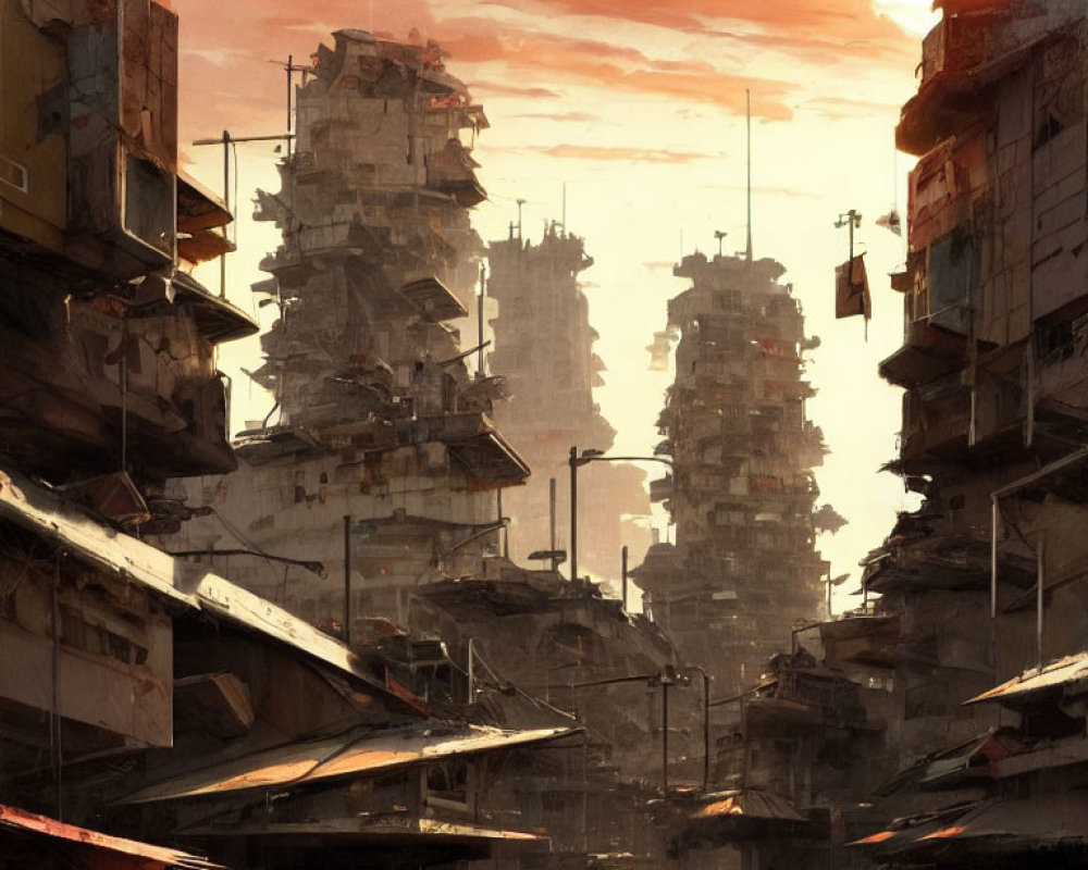 Decrepit high-rise buildings and shanties in dystopian cityscape at sunset