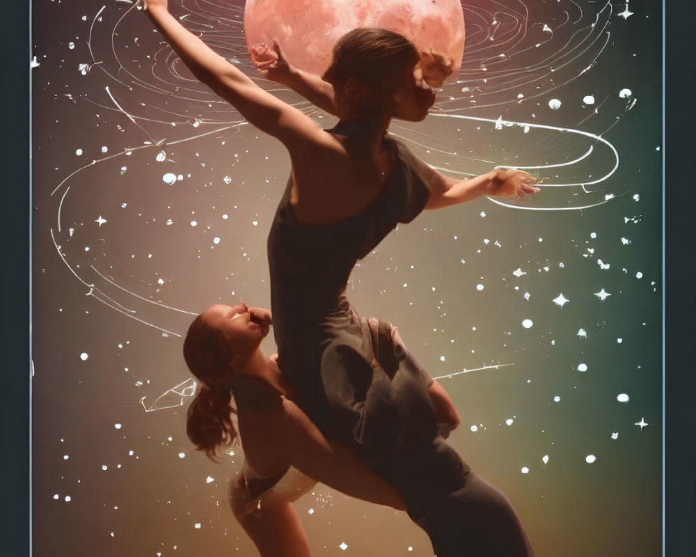 Cosmic backdrop with two dancers in celestial theme