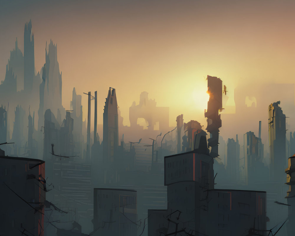 Post-Apocalyptic Cityscape at Sunrise with Ruined Buildings