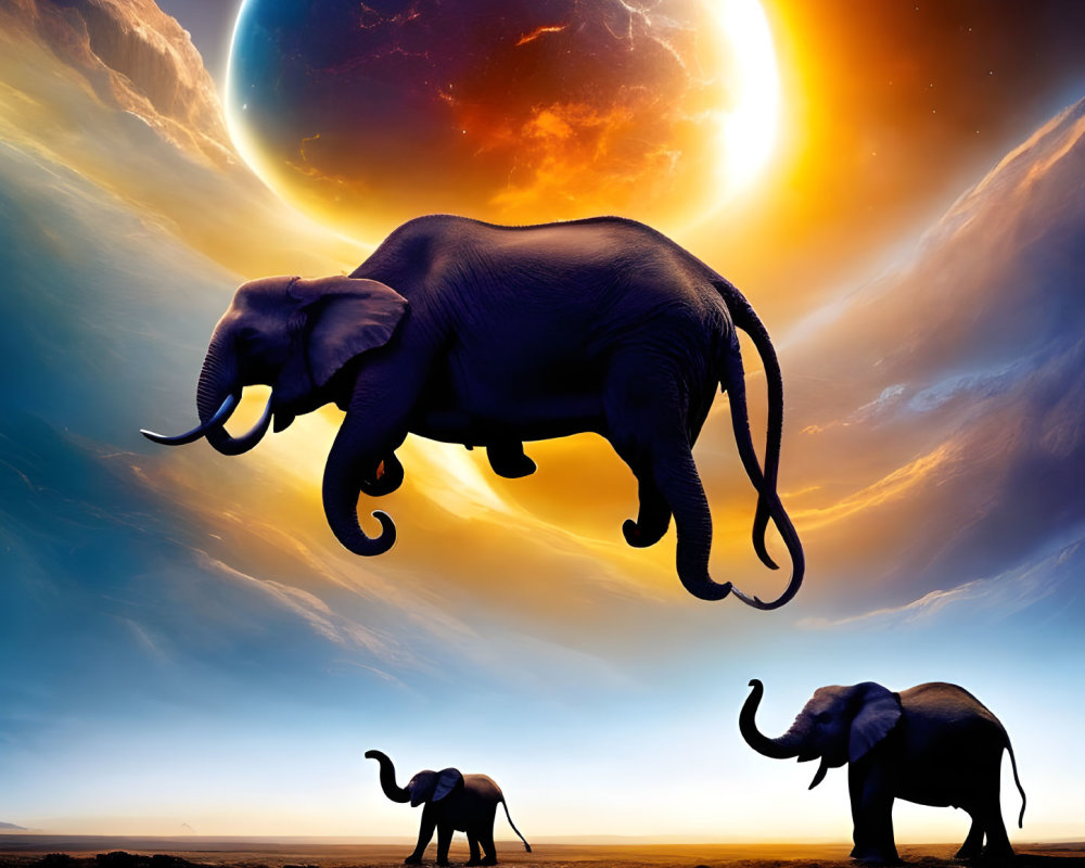 Floating elephant against surreal backdrop with oversized celestial bodies