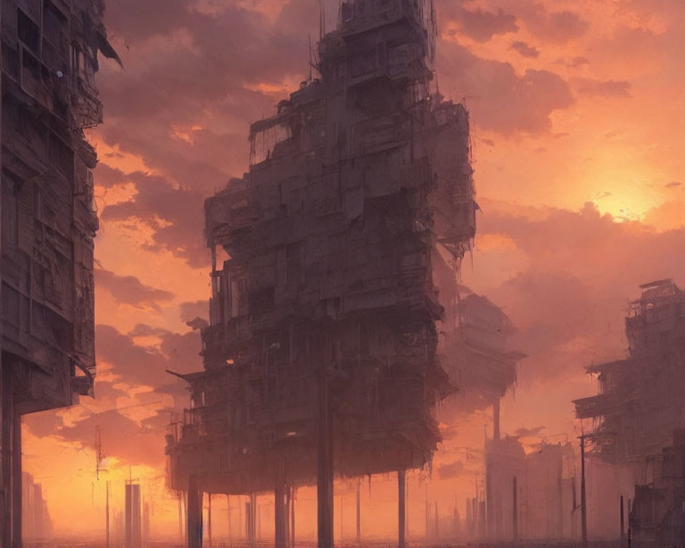 Dystopian cityscape at sunset with towering, dilapidated buildings