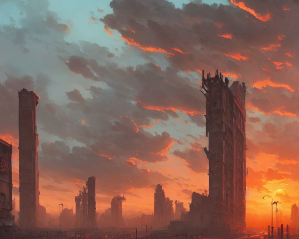 Post-apocalyptic cityscape at sunset with dilapidated buildings under dramatic cloudy sky