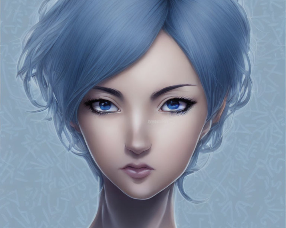 Female Figure with Blue Eyes and Short Blue Hair on Patterned Background