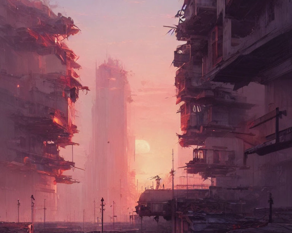 Dystopian cityscape at sunset with dilapidated high-rises under hazy sky