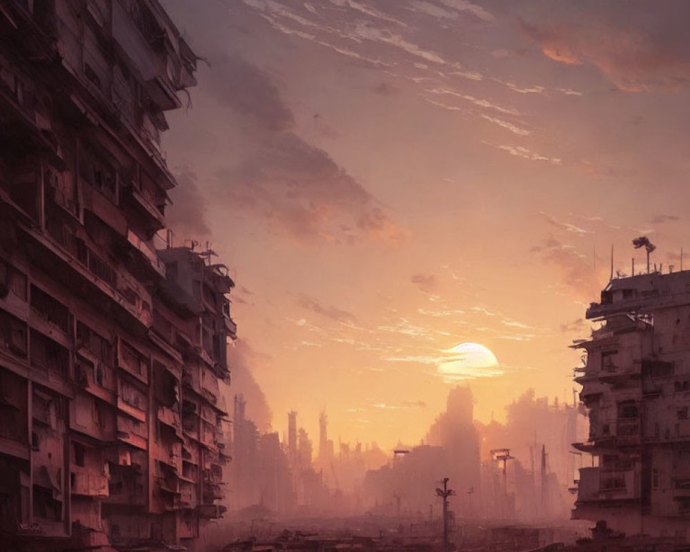 Dystopian sunrise over dilapidated high-rise buildings