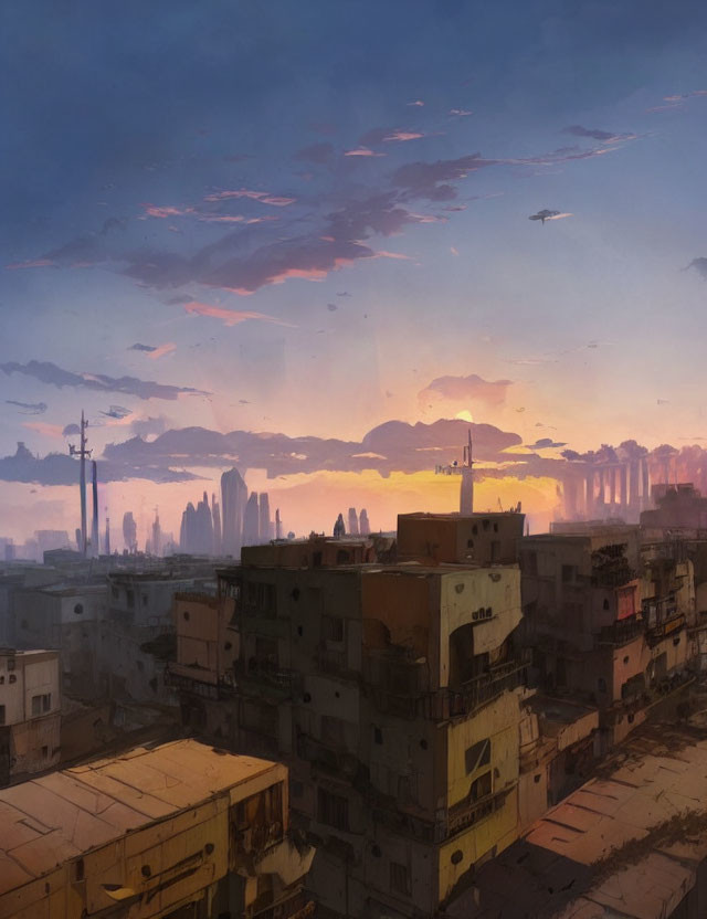 Dystopian cityscape at sunset with dilapidated and futuristic buildings under cloudy sky