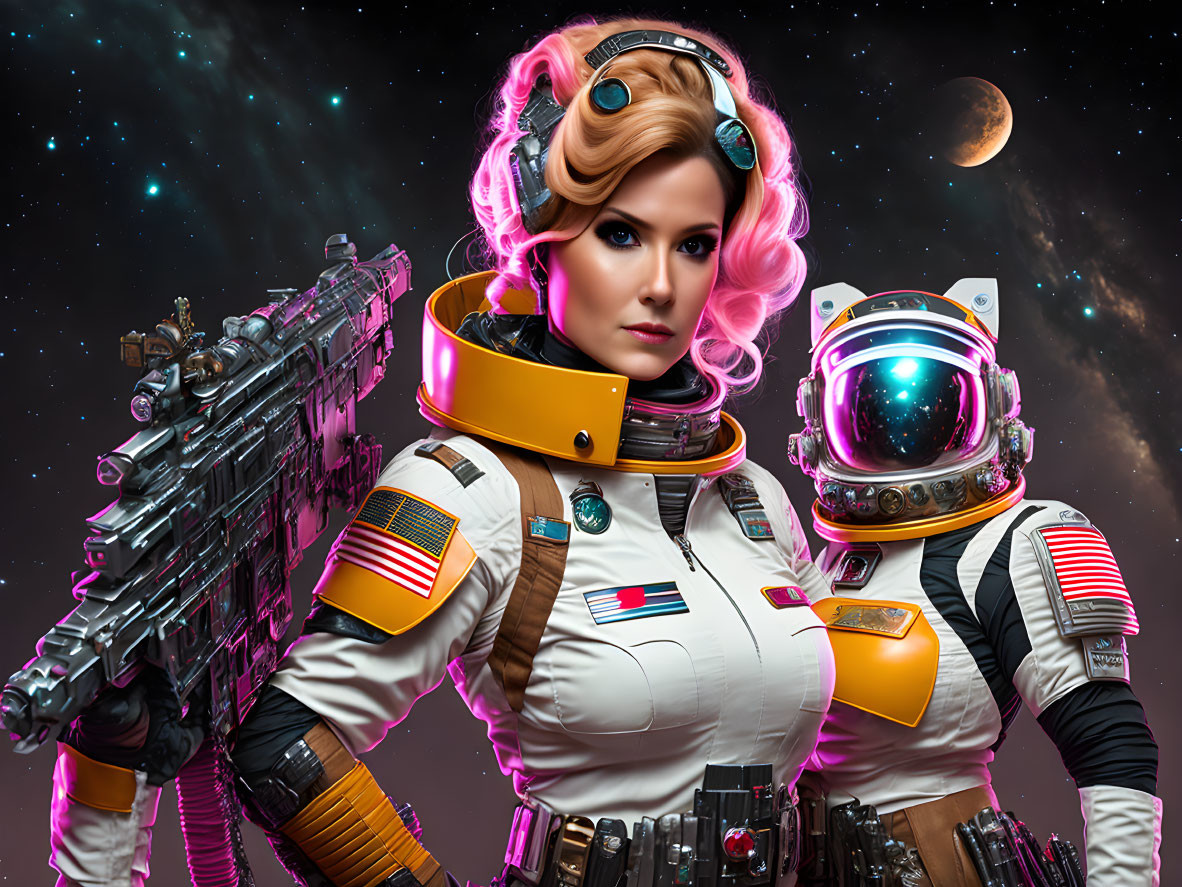 Futuristic astronauts in space suits with sci-fi weapon and helmet against starry sky.