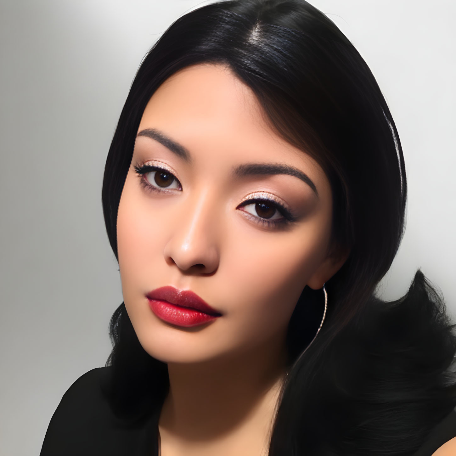 Portrait of Woman with Black Hair, Bold Lipstick, and Hoop Earrings