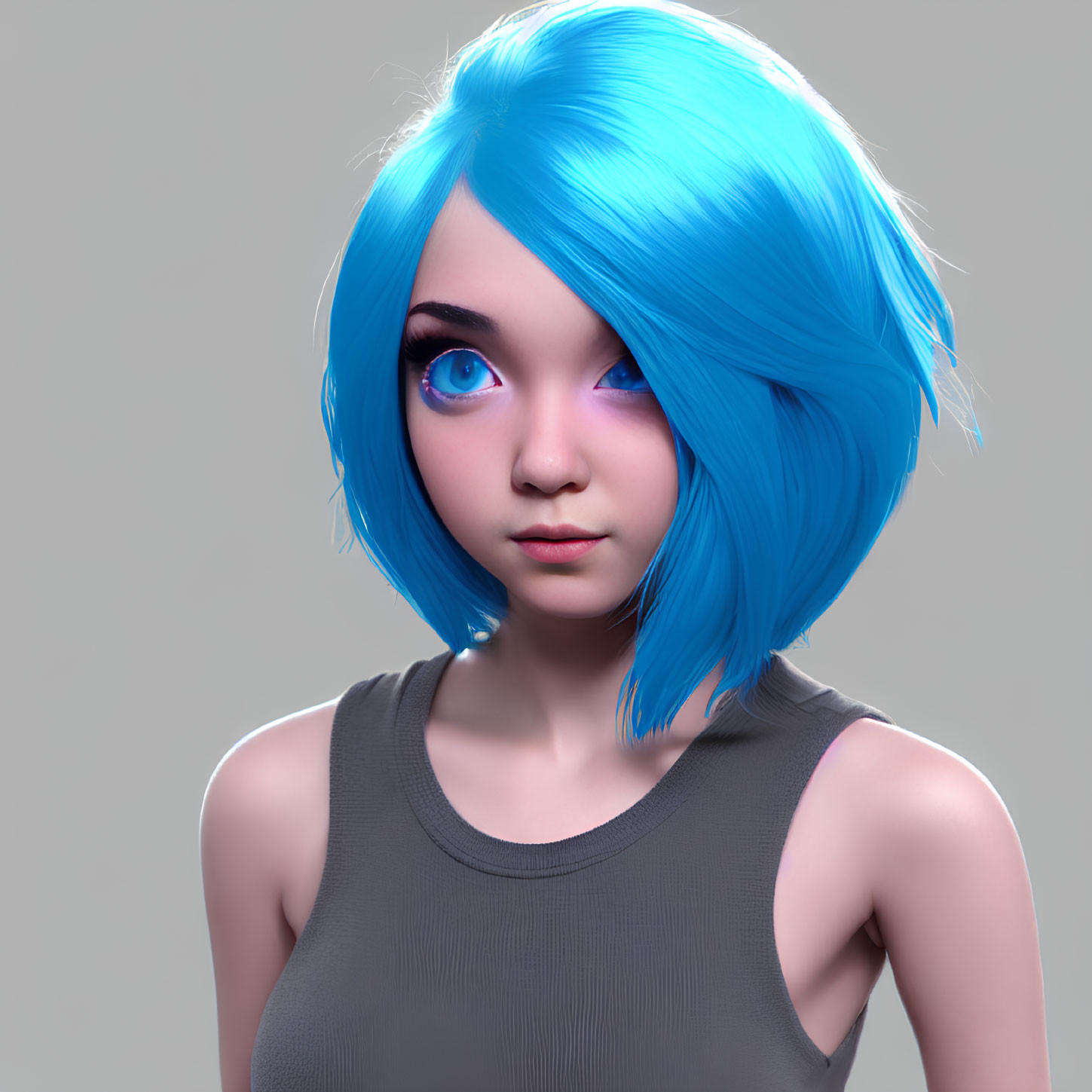 Female Figure with Bright Blue Hair and Vivid Blue Eyes in Grey Tank Top