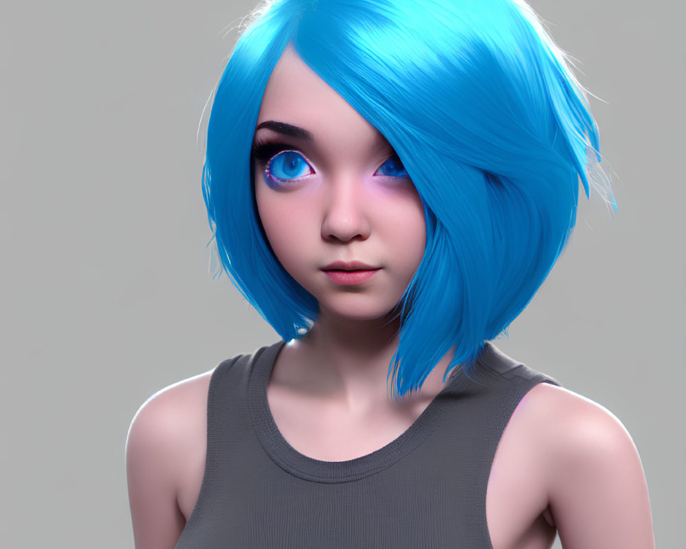 Female Figure with Bright Blue Hair and Vivid Blue Eyes in Grey Tank Top