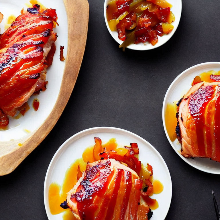 Glazed ham with pineapple and cherries on dark background