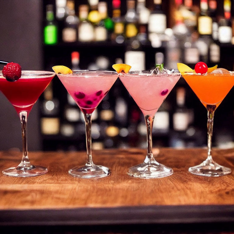 Vibrant cocktails in martini glasses on bar counter with bottle backdrop