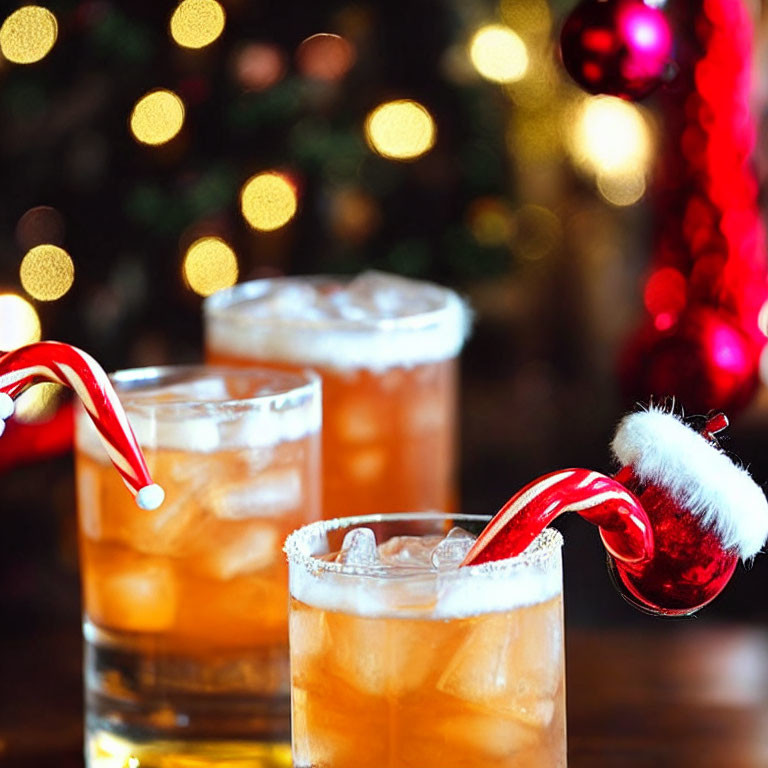 Amber-colored Drinks with Candy Canes on Festive Background