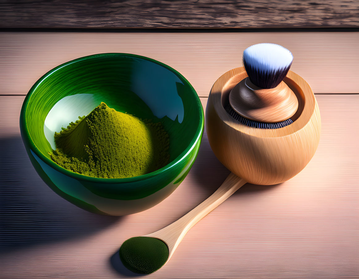 Green bowl with matcha powder, bamboo whisk, and spoon on wooden surface