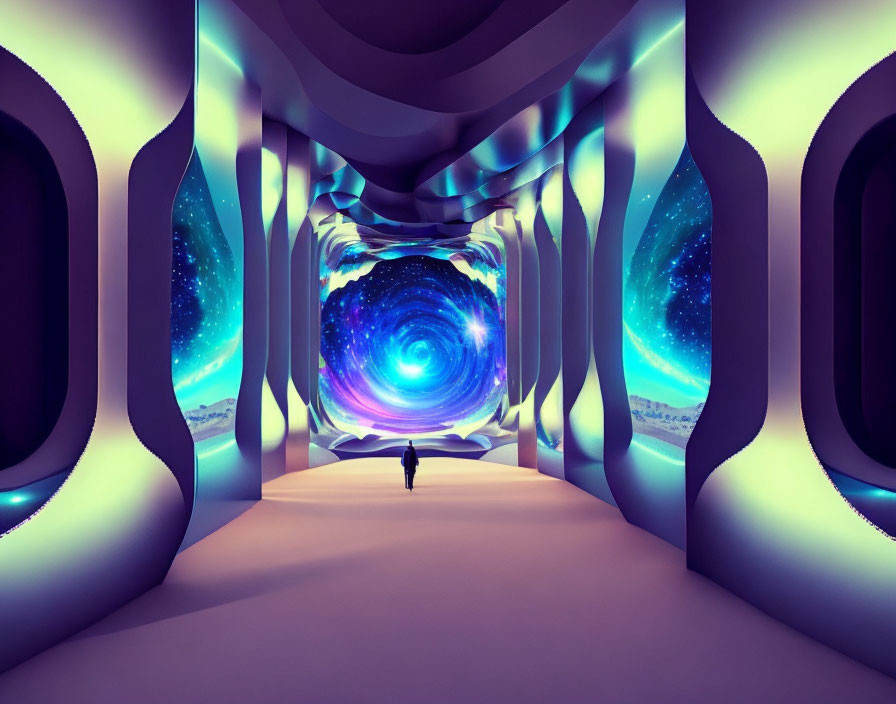 Person walking towards swirling galaxy portal in futuristic corridor