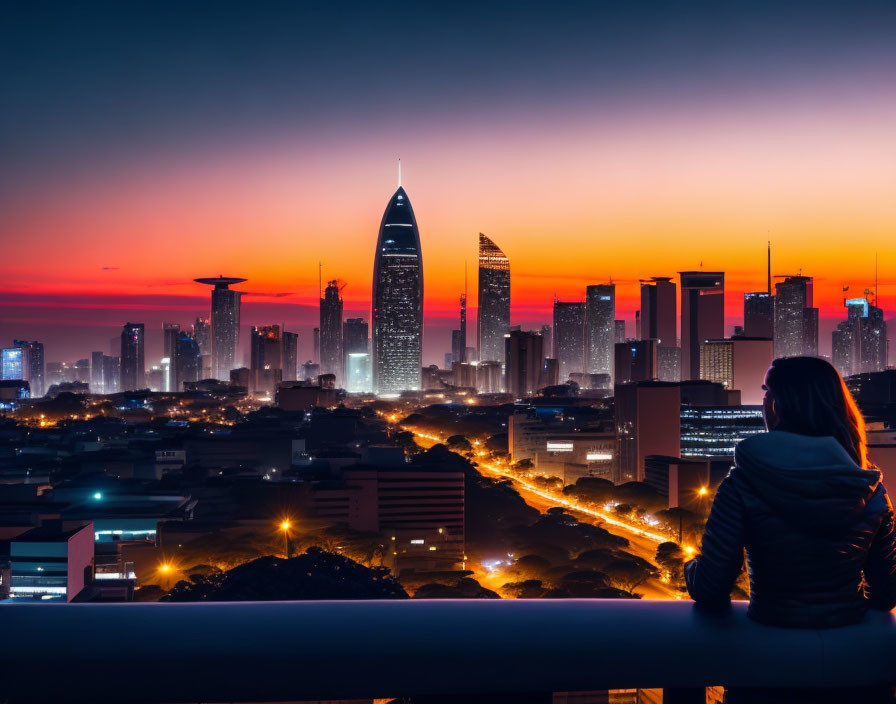 Silhouetted figure against vibrant city sunset skyline.