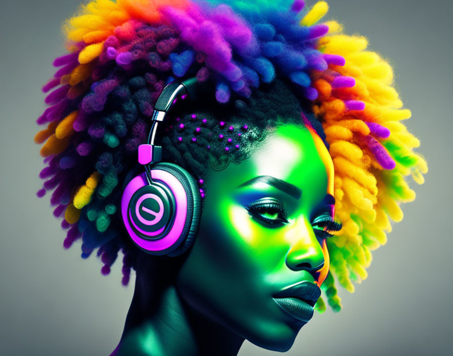 Multicolored Afro Hair Woman with Neon Green Skin Tones