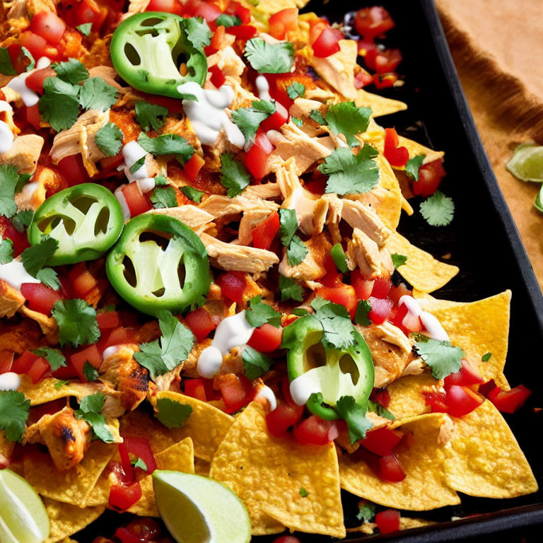 Loaded Nachos with Cheese, Chicken, Tomatoes, Jalapeños, Sour Cream, and C