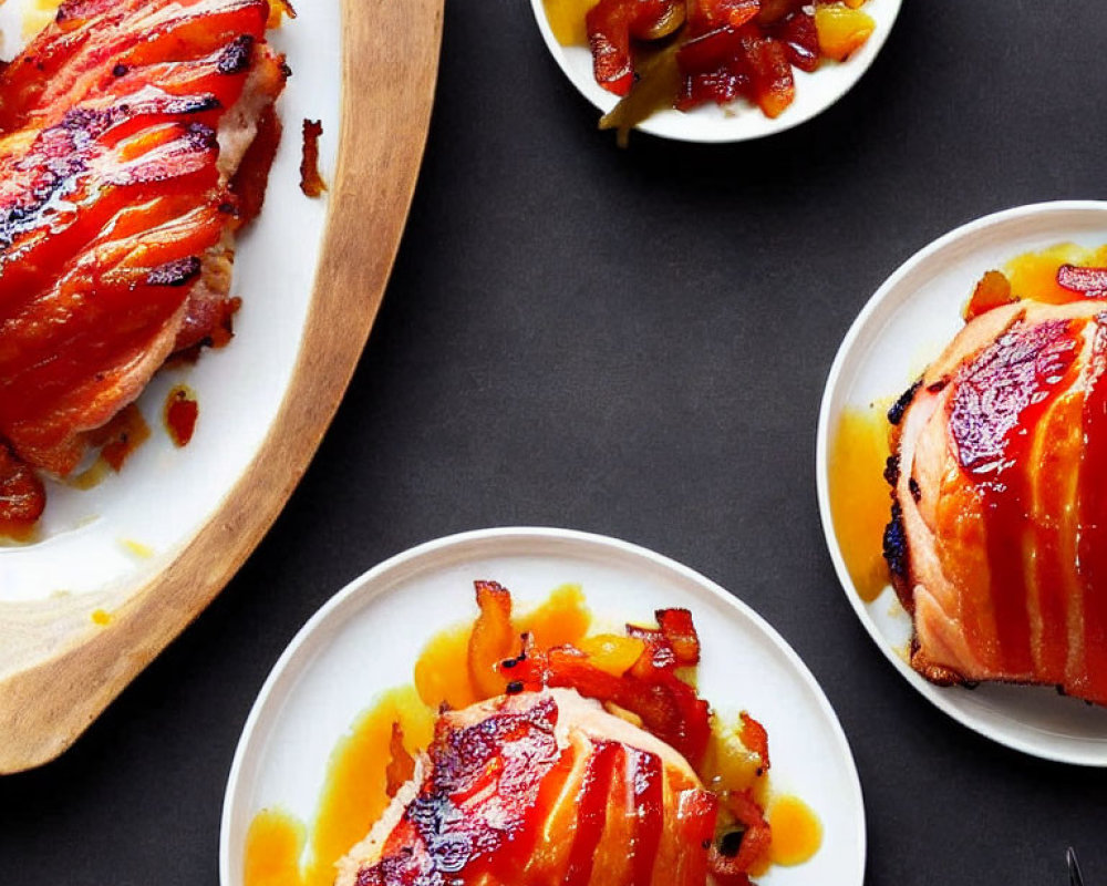 Glazed ham with pineapple and cherries on dark background