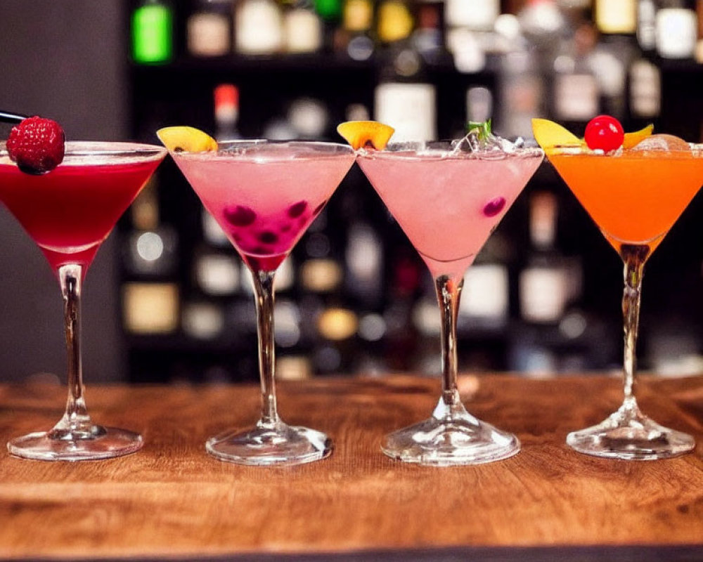 Vibrant cocktails in martini glasses on bar counter with bottle backdrop