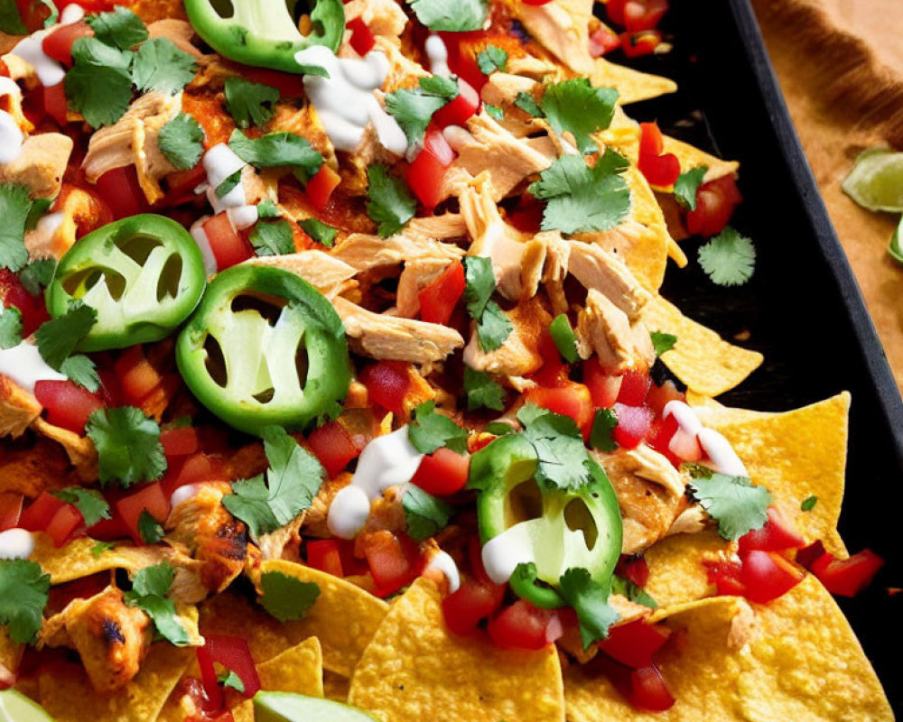 Loaded Nachos with Cheese, Chicken, Tomatoes, Jalapeños, Sour Cream, and C