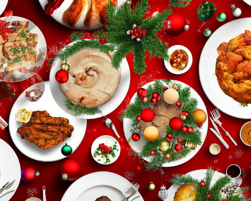 Christmas Dinner Table Decorated with Festive Ornaments and Greenery