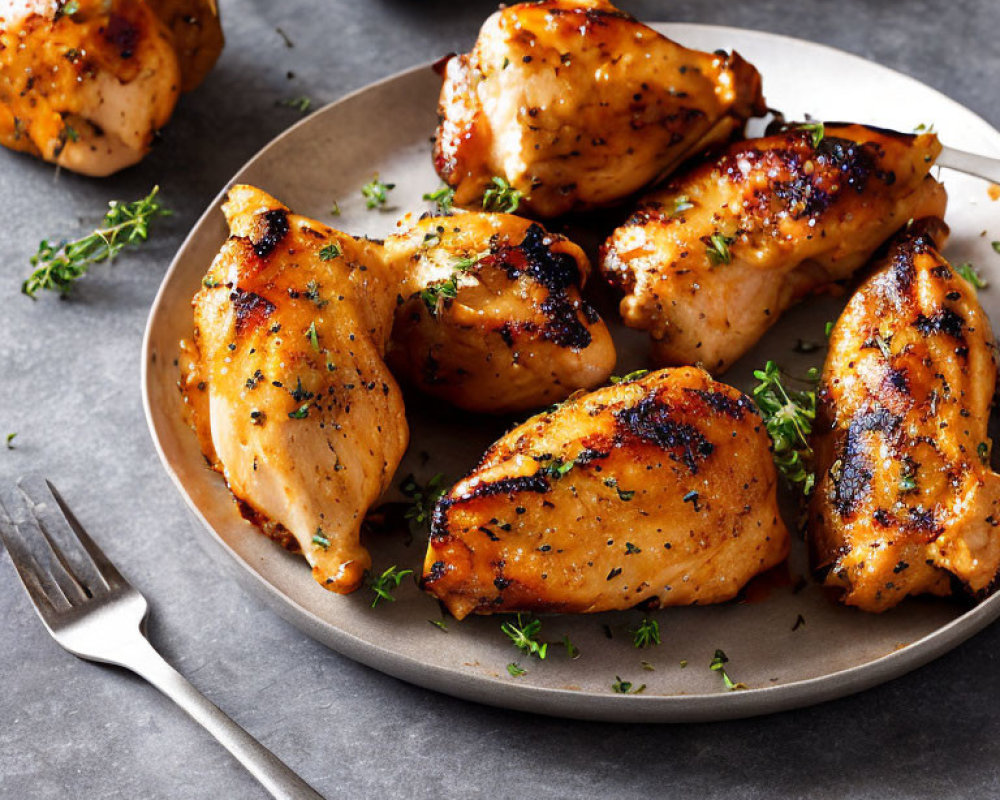 Plate of Grilled Chicken Drumsticks with Fresh Herbs and Lemon Slices