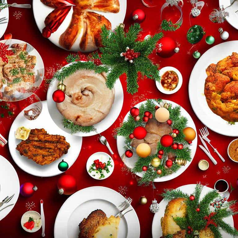 Christmas Dinner Table Decorated with Festive Ornaments and Greenery