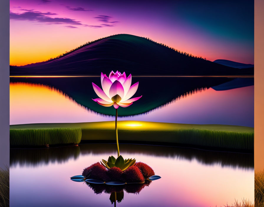 Digital artwork: Lotus flower blooming on lake with hill backdrop