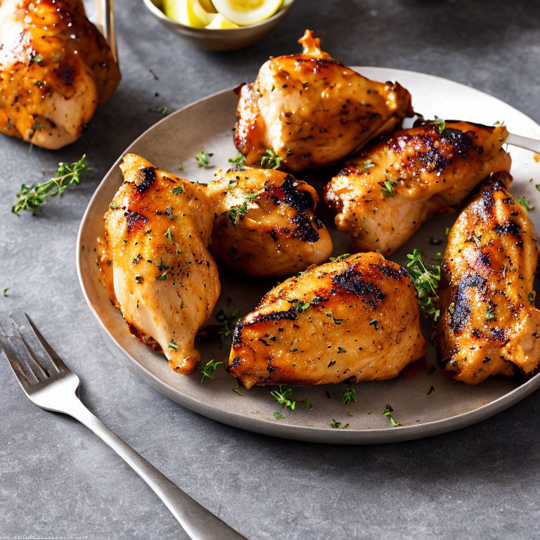 Plate of Grilled Chicken Drumsticks with Fresh Herbs and Lemon Slices