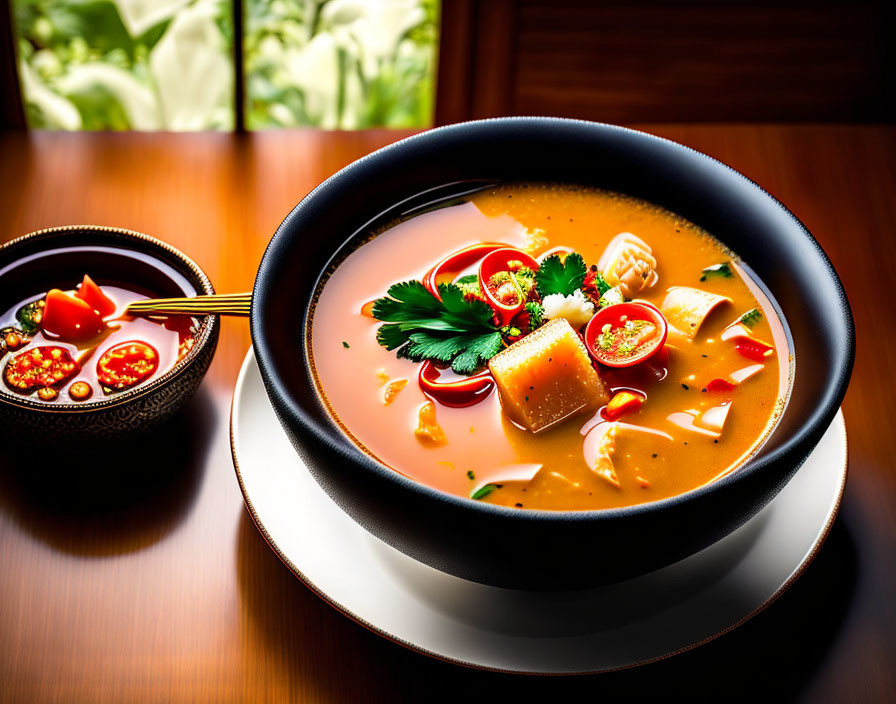 Colorful Tom Yum Soup with Tofu, Tomatoes, and Herbs in Black Bowl