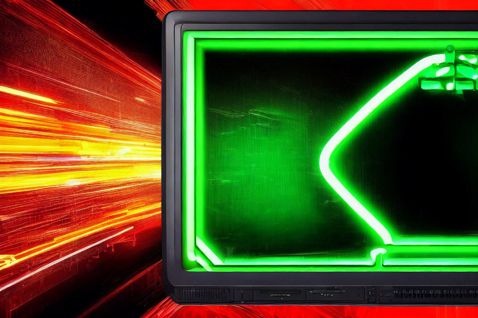 Vibrant green neon outline on computer monitor against blurred reddish background.