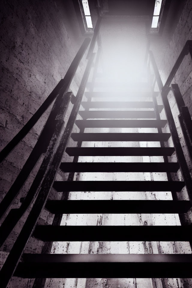 Industrial staircase with metal railings and bright opening.